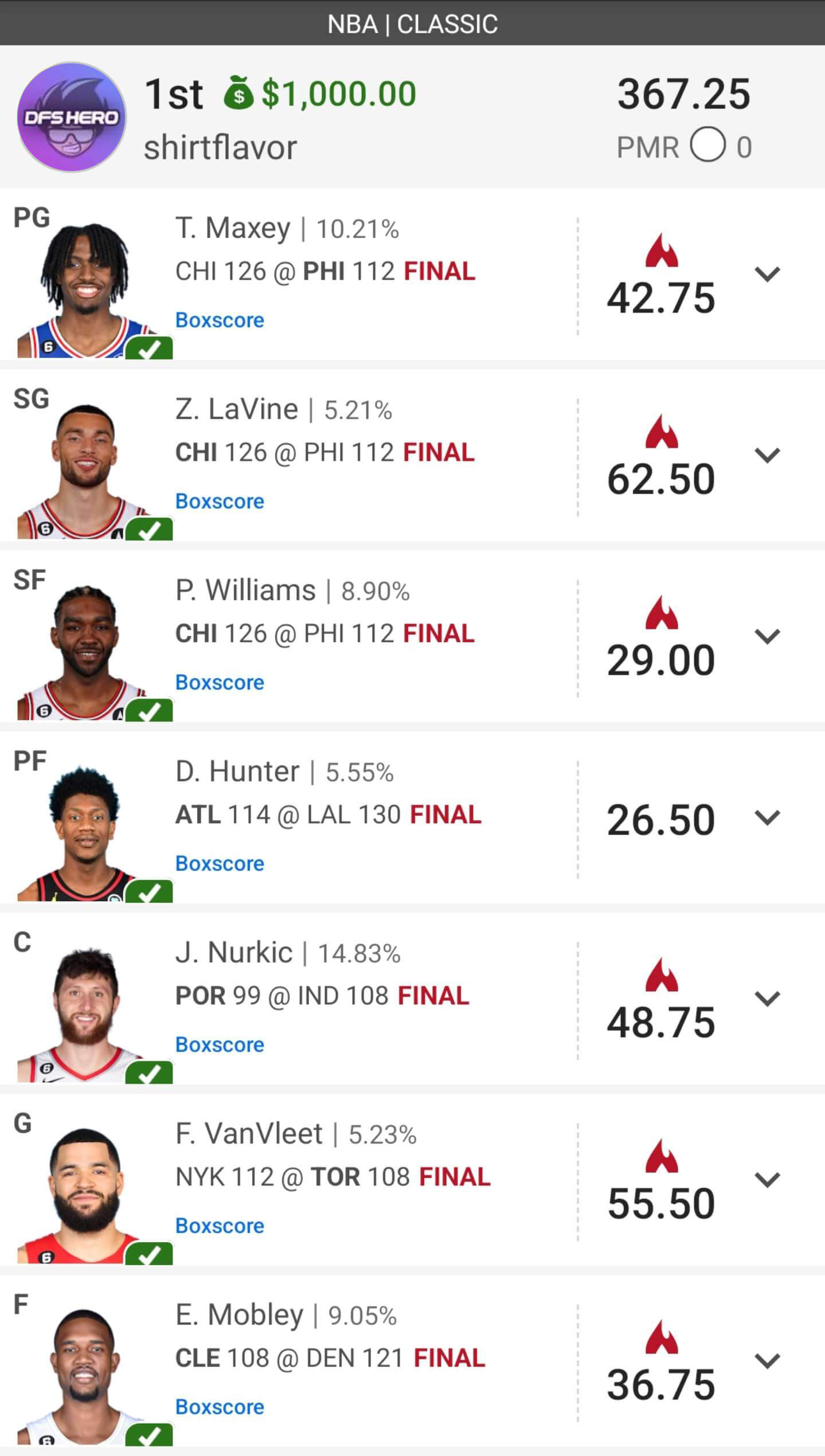 Daily fantasy sports prize earnings using DFS Hero tools